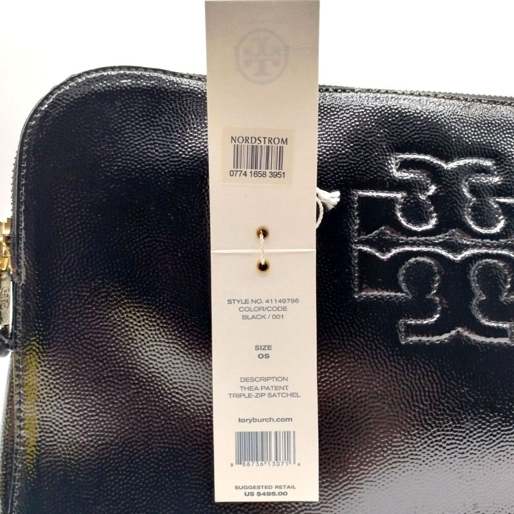 Tory Burch Thea Patent Tripple Zipper Quiet Luxury Black Embossed Logo Satchel - Picture 8 of 9